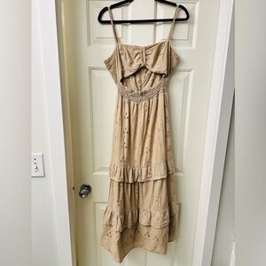 Le Hit Boho Brazil Chic Tan Eyelet Maxi Dress with Delicate Details S M
